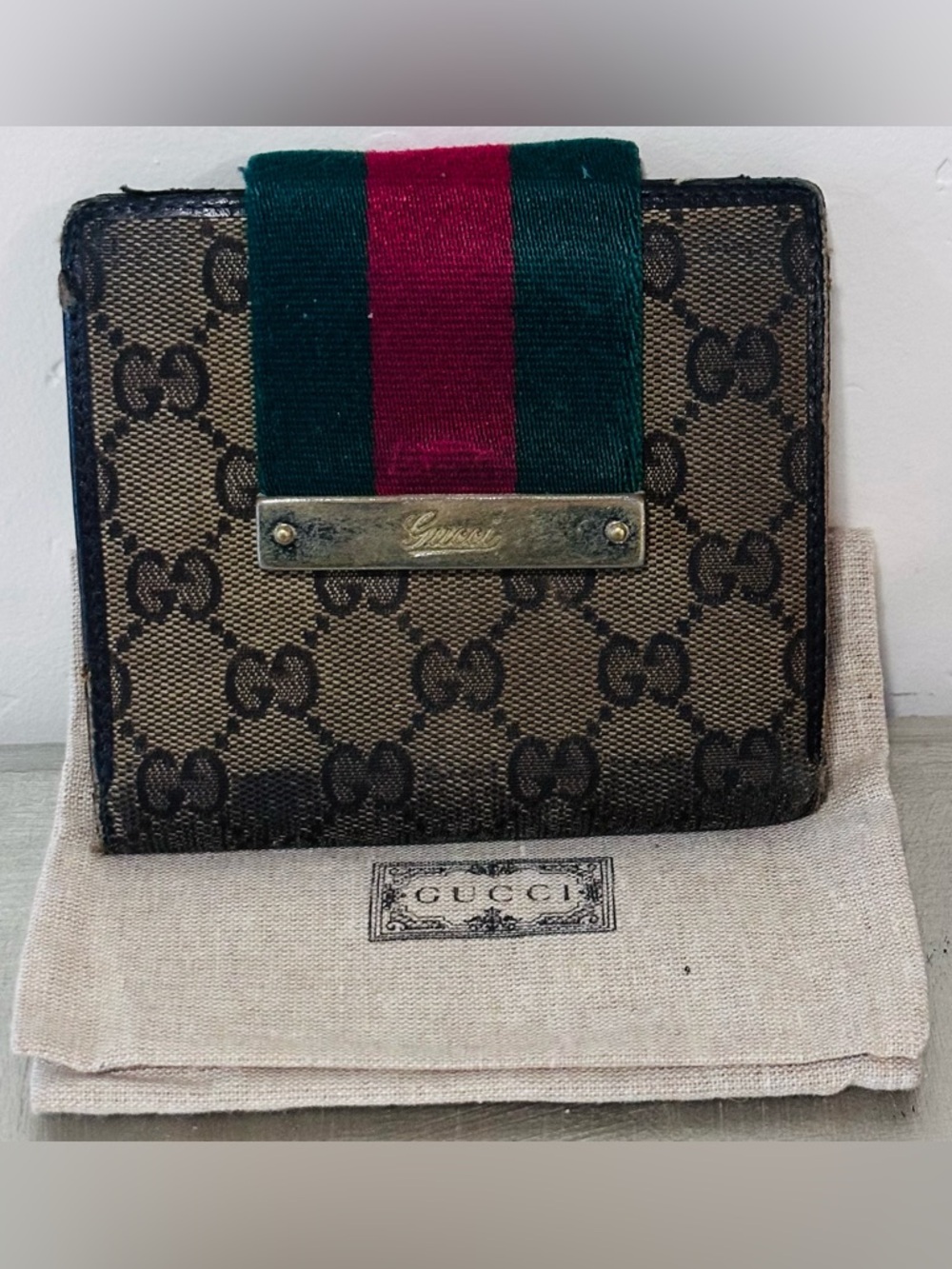 Gucci Sherry Line Red/Green Stripe GG brown canvas leather wallet with dust bag - Picture 1 of 13
